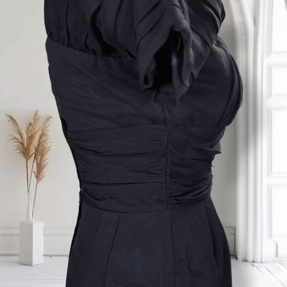 Vintage 50s Silk Midi Cocktail Dress Size 4 Black Ruched Empire Waist Bombshell - Picture 5 of 16